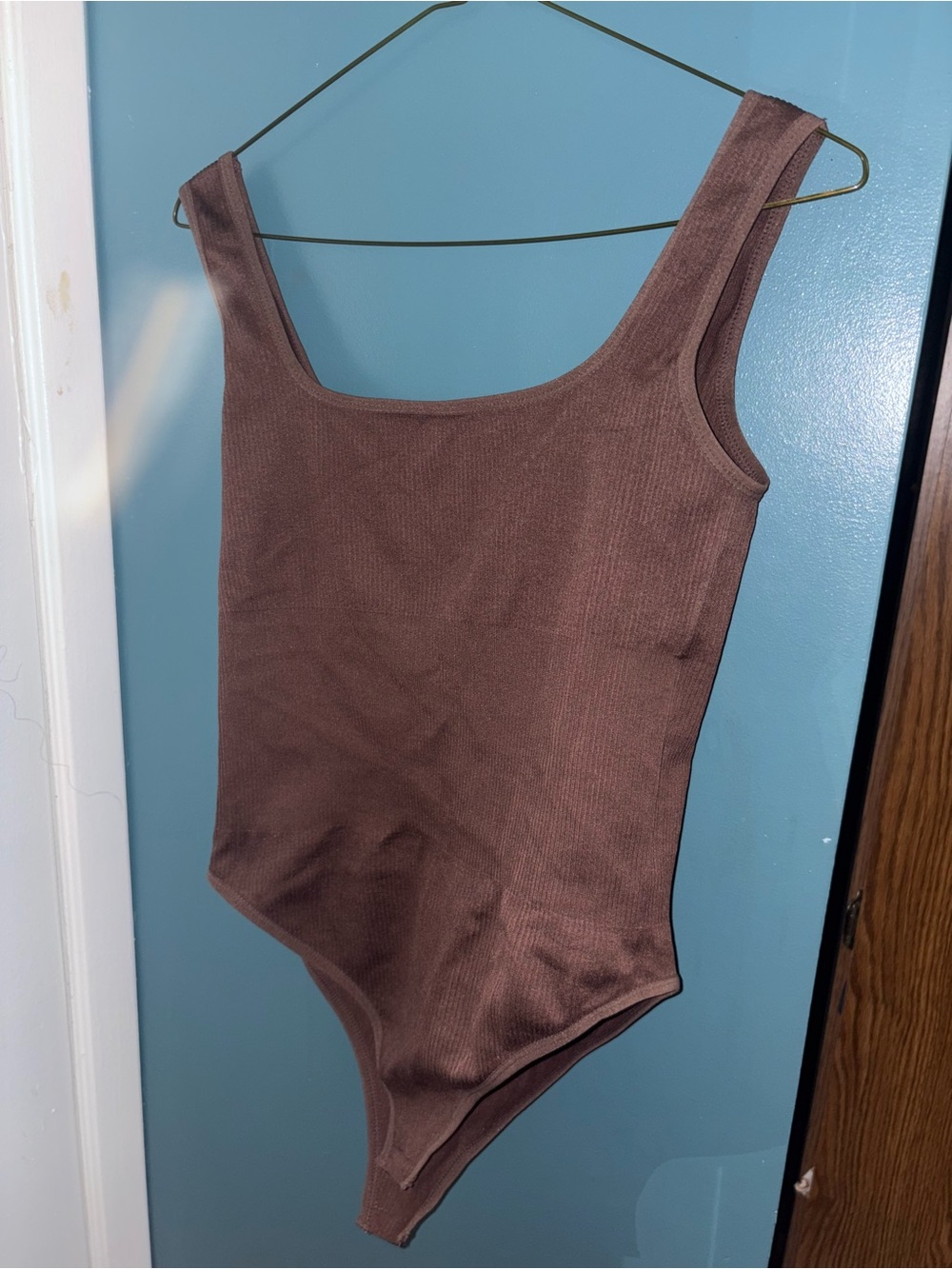 Ribbed Scoop Neck Brown Bodysuit